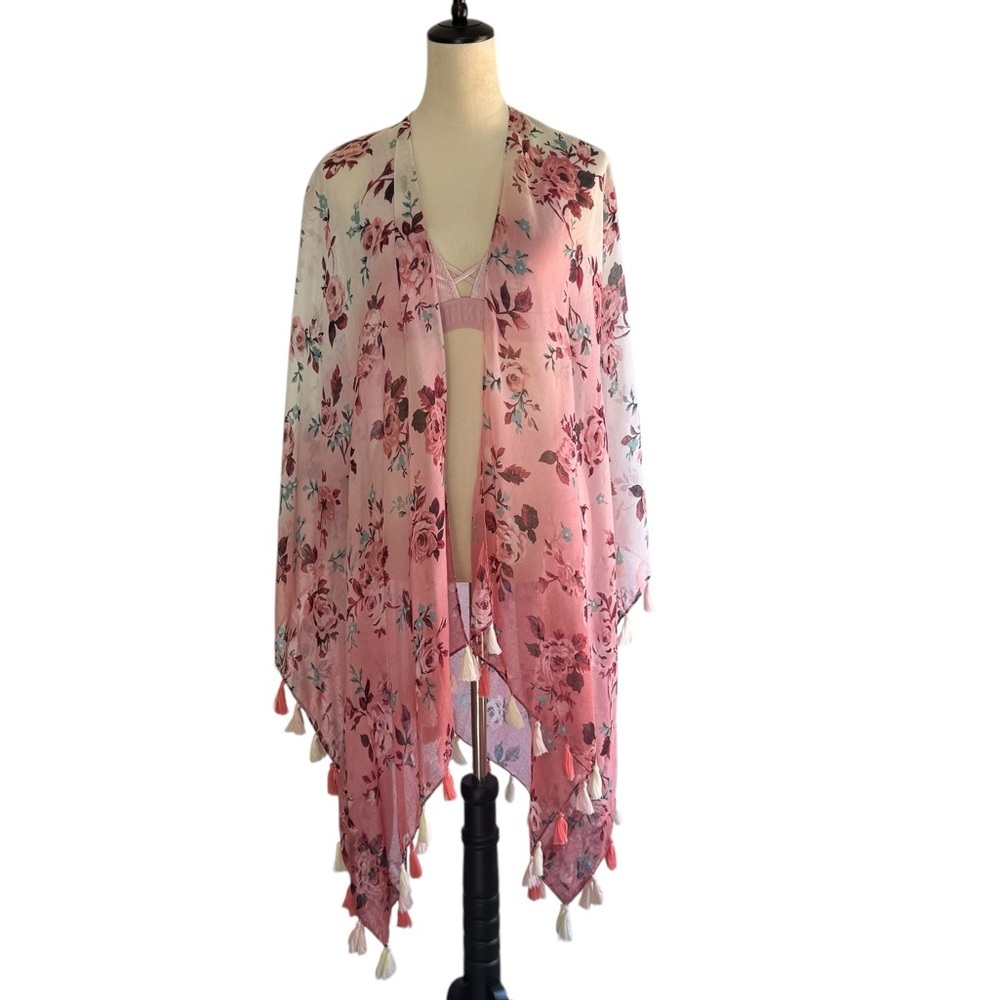 NWT Lane Bryant Rose Print‎ Long Length Open Front Kimono One Size 1X-3X